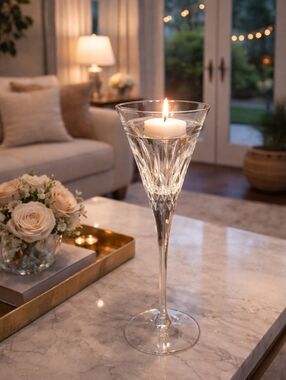 Waterford Crystal Clear Cut Crystal Hurricane Candle Holder with White Candle